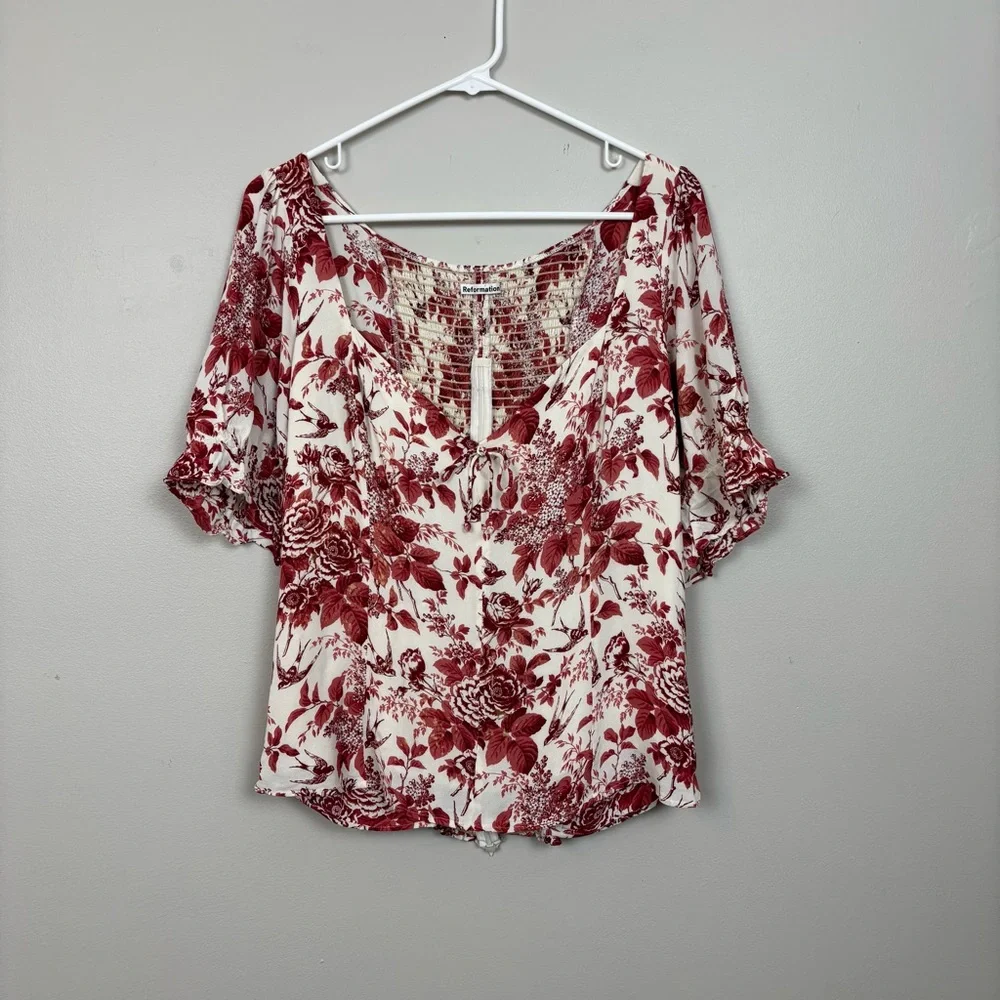 Reformation‎ Top 18 Red Cream Delevan Sweetheart Floral Puff Sleeve Blouse